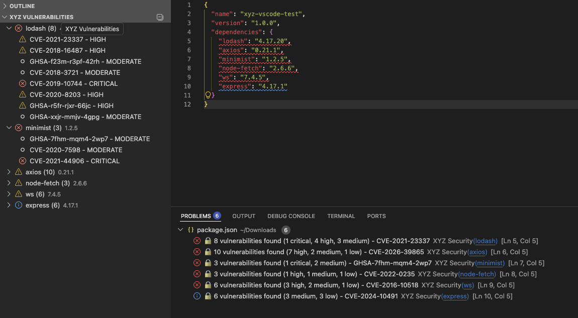 Inline vulnerability warnings on package.json dependencies in the XYZ VSCode extension